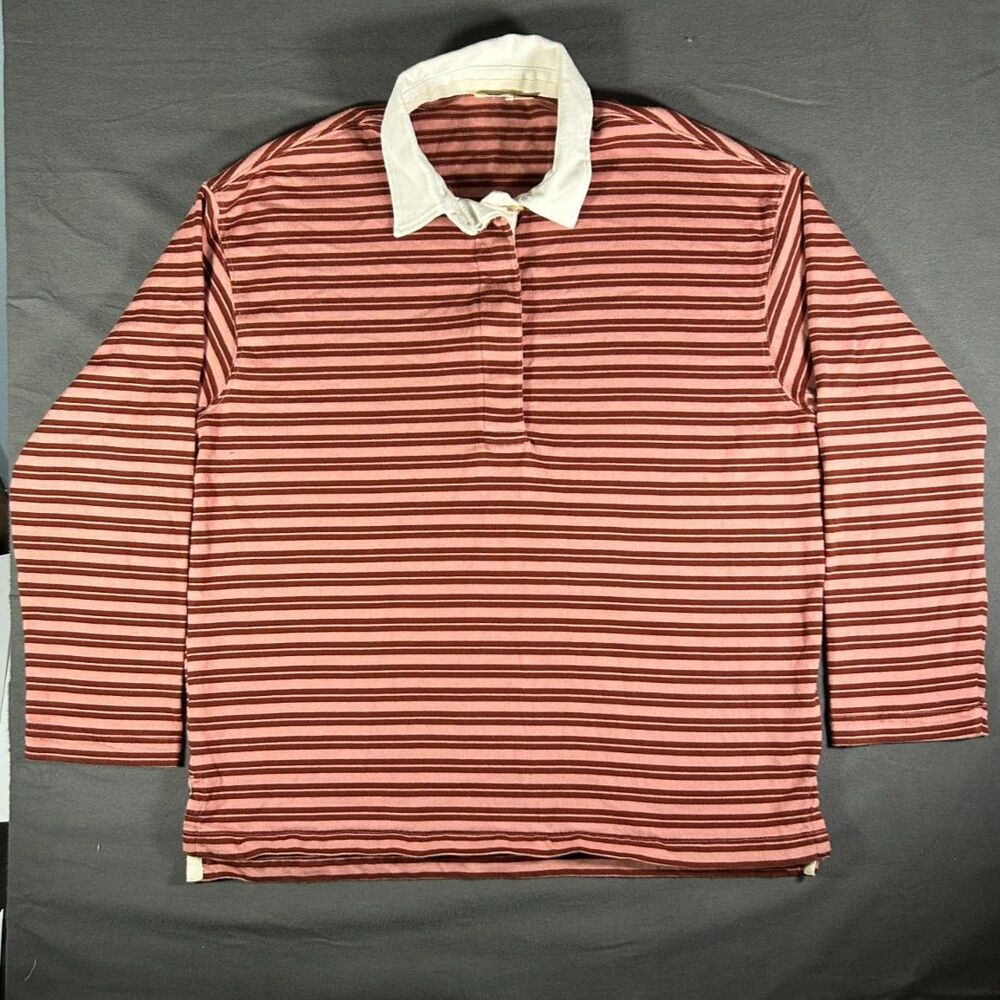Vintage Preppy Faherty Long Sleeve Rugby Polo Shirt Mens Medium Pink Striped